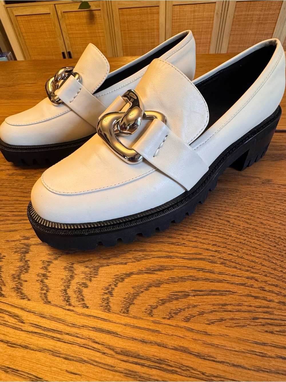 Lilia Dress Heel Loafer Chunky White Leather Loafers Silver Chain Accent comfort